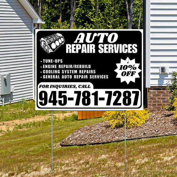 Auto Repair Services - Tune-Ups, Engine Repair/Rebuild, Cooling System Repairs, General Auto Repair Services with Discount Tag - Plain White Black Design - YardSigns.com
