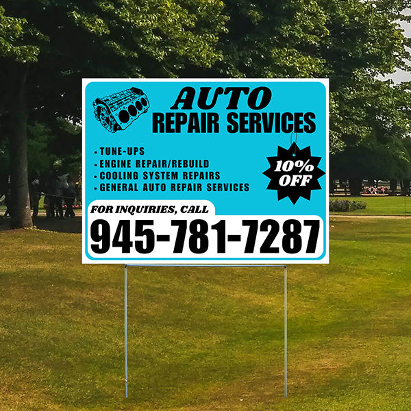 Auto Repair Services - Tune-Ups, Engine Repair/Rebuild, Cooling System Repairs, General Auto Repair Services with Discount Tag - Plain White Aqua Blue Design - YardSigns.com