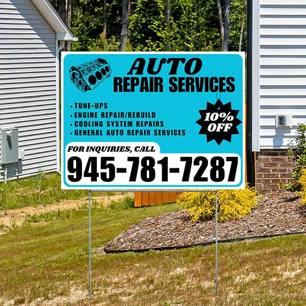 Auto Repair Services - Tune-Ups, Engine Repair/Rebuild, Cooling System Repairs, General Auto Repair Services with Discount Tag - Plain White Aqua Blue Design - YardSigns.com