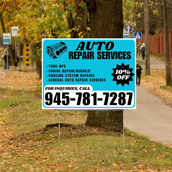 Auto Repair Services - Tune-Ups, Engine Repair/Rebuild, Cooling System Repairs, General Auto Repair Services with Discount Tag - Plain White Aqua Blue Design - YardSigns.com