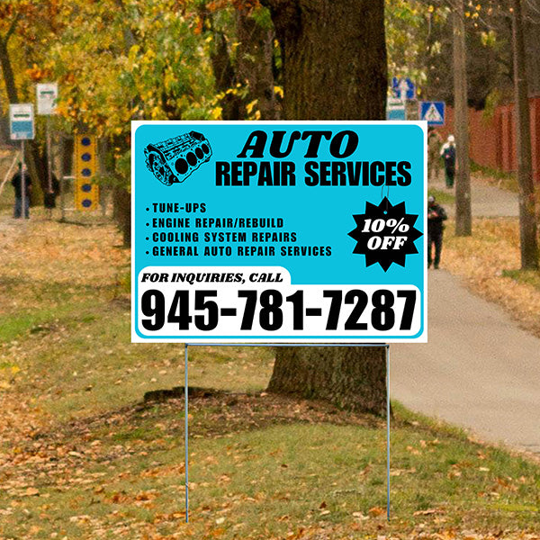 Auto Repair Services - Tune-Ups, Engine Repair/Rebuild, Cooling System Repairs, General Auto Repair Services with Discount Tag - Plain White Aqua Blue Design - YardSigns.com