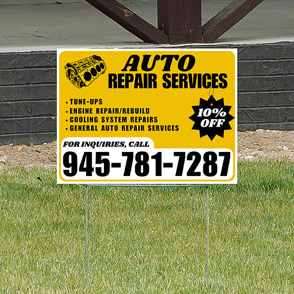 Auto Repair Services - Tune-Ups, Engine Repair/Rebuild, Cooling System Repairs, General Auto Repair Services with Discount Tag - Plain White Mustard Gold Design - YardSigns.com