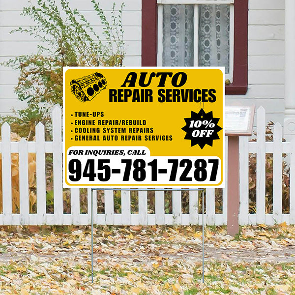 Auto Repair Services - Tune-Ups, Engine Repair/Rebuild, Cooling System Repairs, General Auto Repair Services with Discount Tag - Plain White Mustard Gold Design - YardSigns.com