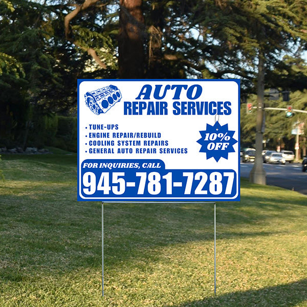 Auto Repair Services - Tune-Ups, Engine Repair/Rebuild, Cooling System Repairs, General Auto Repair Services with Discount Tag - Plain Blue White Design - YardSigns.com