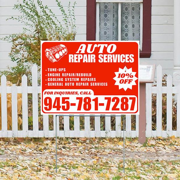 Auto Repair Services - Tune-Ups, Engine Repair/Rebuild, Cooling System Repairs, General Auto Repair Services with Discount Tag - Plain White Chili Red Design - YardSigns.com