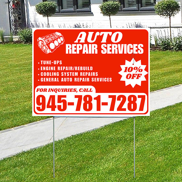 Auto Repair Services - Tune-Ups, Engine Repair/Rebuild, Cooling System Repairs, General Auto Repair Services with Discount Tag - Plain White Chili Red Design - YardSigns.com