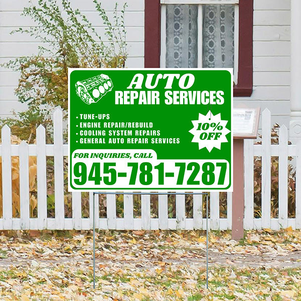Auto Repair Services - Tune-Ups, Engine Repair/Rebuild, Cooling System Repairs, General Auto Repair Services with Discount Tag - Plain White Green Design - YardSigns.com