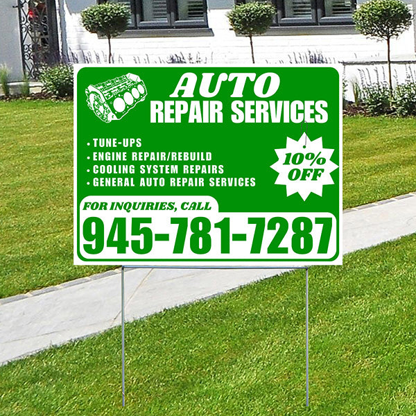 Auto Repair Services - Tune-Ups, Engine Repair/Rebuild, Cooling System Repairs, General Auto Repair Services with Discount Tag - Plain White Green Design - YardSigns.com