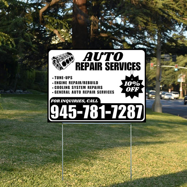 Auto Repair Services - Tune-Ups, Engine Repair/Rebuild, Cooling System Repairs, General Auto Repair Services with Discount Tag - Plain Black White Design - YardSigns.com