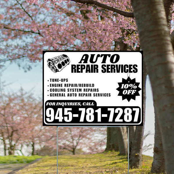 Auto Repair Services - Tune-Ups, Engine Repair/Rebuild, Cooling System Repairs, General Auto Repair Services with Discount Tag - Plain Black White Design - YardSigns.com