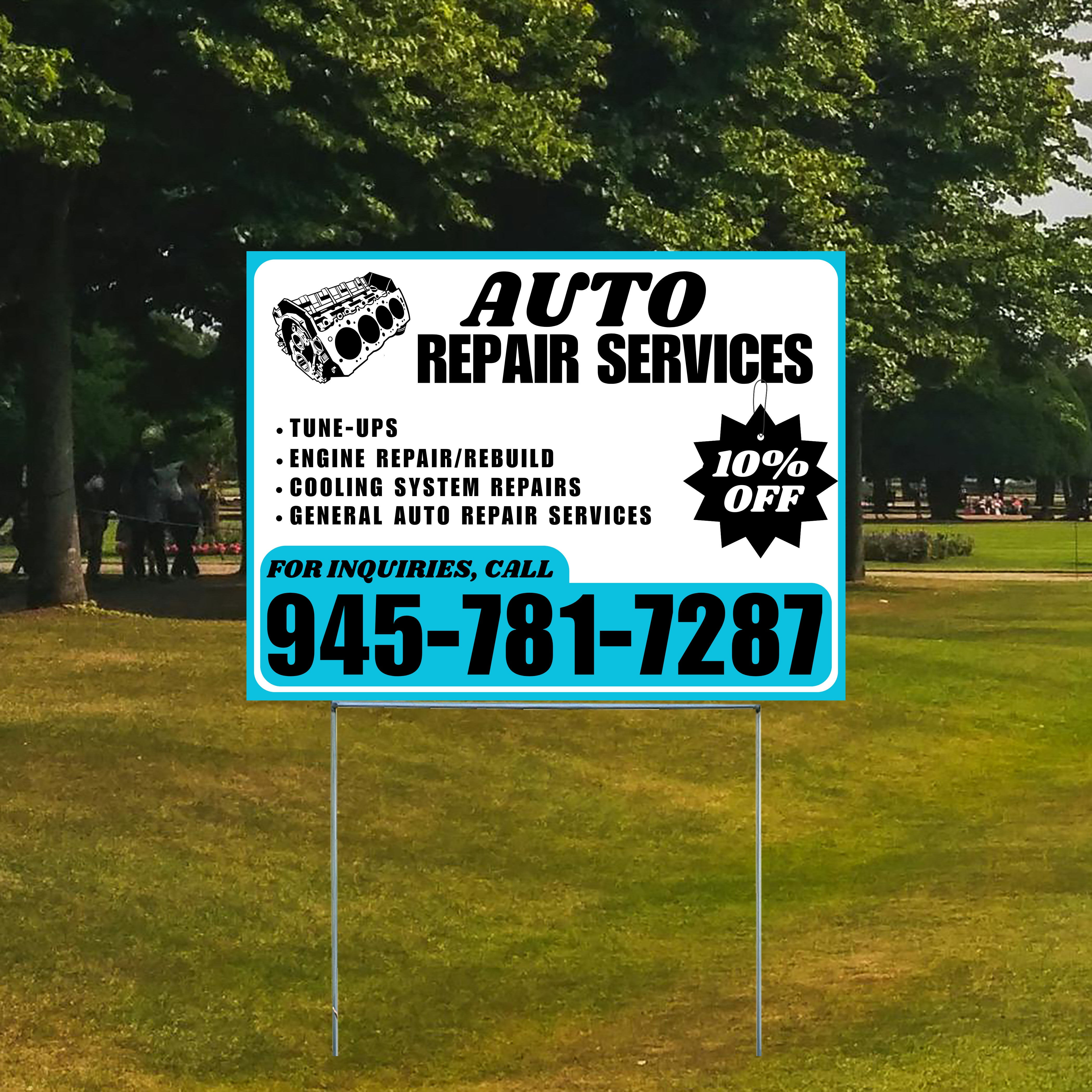 Auto Repair Services - Tune-Ups, Engine Repair/Rebuild, Cooling System Repairs, General Auto Repair Services with Discount Tag - Plain Aqua Blue White Design - YardSigns.com