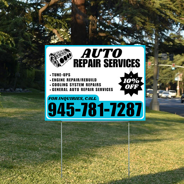 Auto Repair Services - Tune-Ups, Engine Repair/Rebuild, Cooling System Repairs, General Auto Repair Services with Discount Tag - Plain Aqua Blue White Design - YardSigns.com