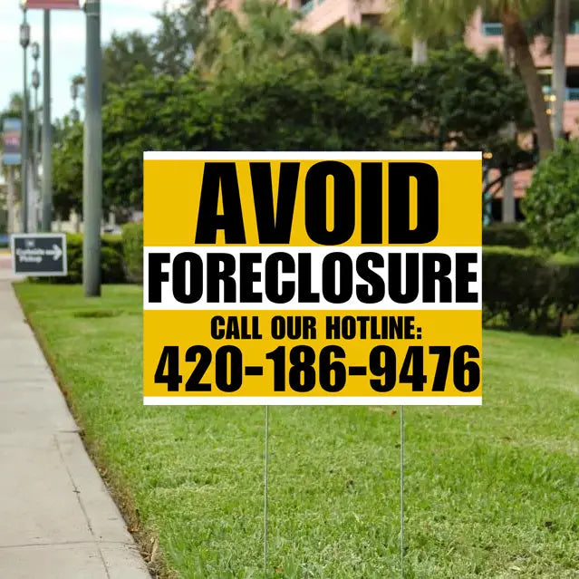 Real Estate - Avoid Foreclosure - Behind on Payments? We Can Help - Mustard Gold and White Design YardSigns.com