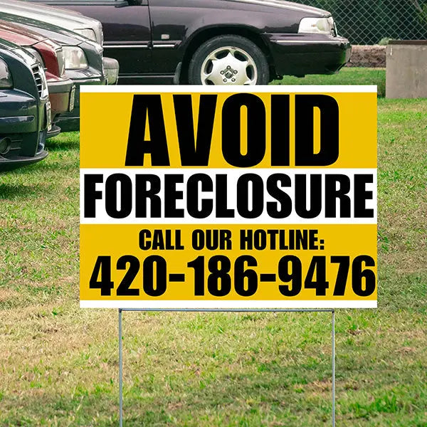 Real Estate - Avoid Foreclosure - Behind on Payments? We Can Help - Mustard Gold and White Design YardSigns.com