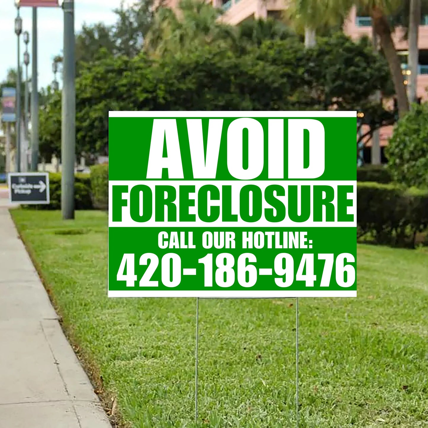 Real Estate - Avoid Foreclosure - Behind on Payments? We Can Help - Green and White Design YardSigns.com