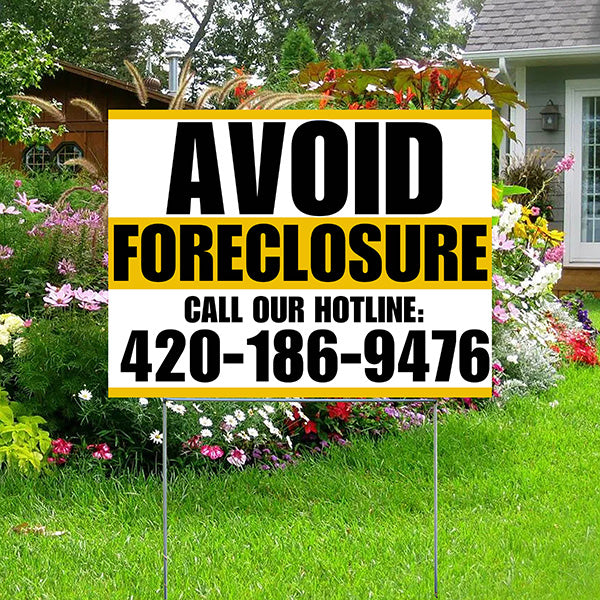 Real Estate - Avoid Foreclosure - Behind on Payment? We Can Help - White and Mustard Gold Design - YardSigns.com