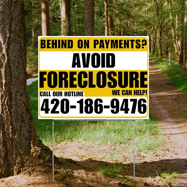 Real Estate - Avoid Foreclosure - Behind on Payments? We Can Help - White and Mustard Gold Design YardSigns.com