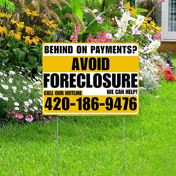 Real Estate - Avoid Foreclosure - Behind on Payment? We Can Help - Mustard Gold and White Design - YardSigns.com