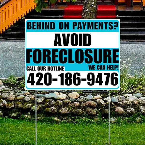 Real Estate - Avoid Foreclosure - Behind on Payments? We Can Help - White and Aqua Blue Design YardSigns.com