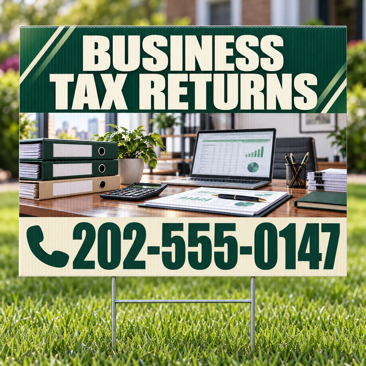 A yard sign on a metal stake displayed in a grassy outdoor setting. The sign features a dark green top section with the text 'BUSINESS TAX RETURNS' in large white letters, and a lower cream section with a dark green phone number '202-555-0147'.