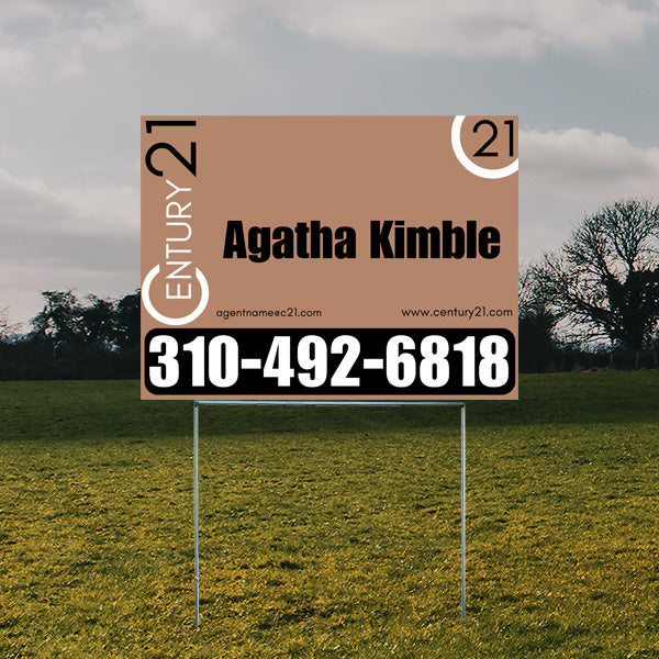 Century 21 real estate sign with contact information for Agatha Kimble in a field setting.