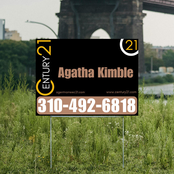 Century 21 real estate sign featuring agent Agatha Kimble with contact number 310-492-6818 and website centur21.com, placed in a grassy outdoor setting.