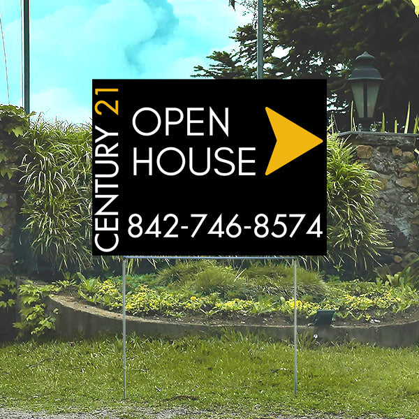 Century 21 open house sign with contact number 842-746-8574 placed in a garden setting.