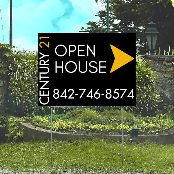 Century 21 open house sign with contact number 842-746-8574 placed in a garden setting.