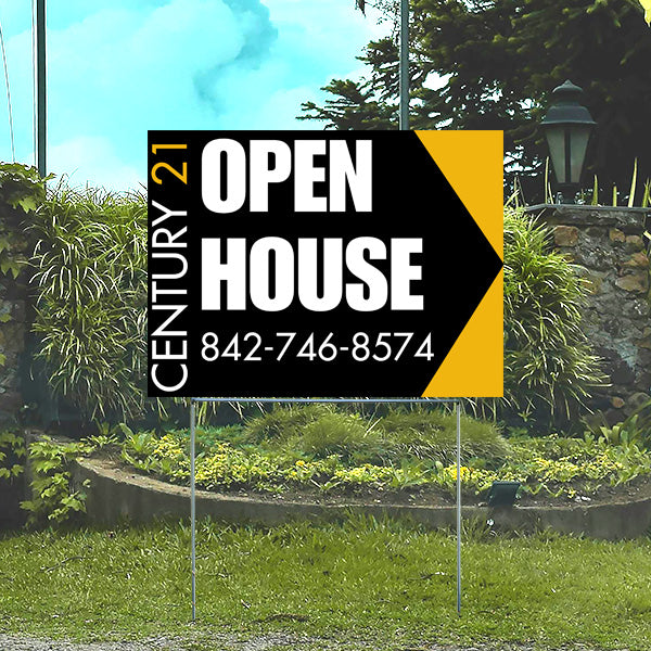 Century 21 open house sign with contact number displayed in a garden setting.