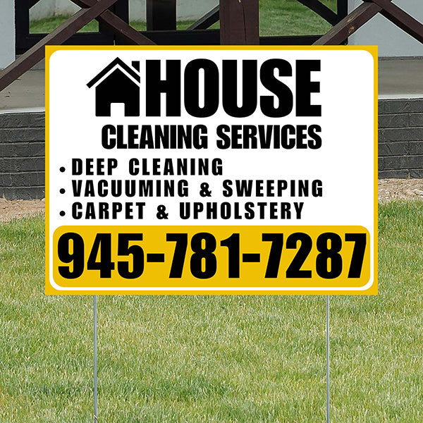 Cleaners/Maids Signs - House Cleaning Services - Deep Cleaning, Vacuuming & Sweeping, Carpet & Upholstery - Plain Mustard Gold White Design - YardSigns.com