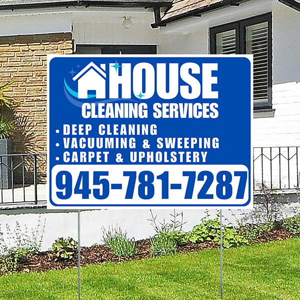 Cleaners/Maids Signs - House Cleaning Services - Deep Cleaning, Vacuuming & Sweeping, Carpet & Upholstery - Plain White Blue Design - YardSigns.com