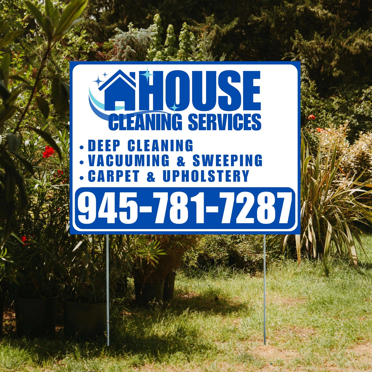 Cleaners/Maids Signs - House Cleaning Services - Deep Cleaning, Vacuuming & Sweeping, Carpet & Upholstery - Plain White Blue Design YardSigns.com