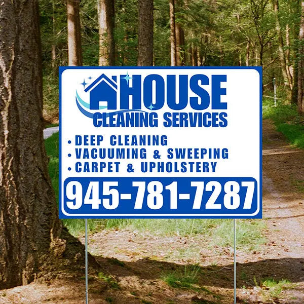 Cleaners/Maids Signs - House Cleaning Services - Deep Cleaning, Vacuuming & Sweeping, Carpet & Upholstery - Plain White Blue Design YardSigns.com