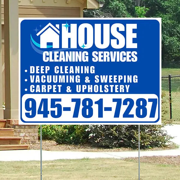 Cleaners/Maids Signs - House Cleaning Services - Deep Cleaning, Vacuuming & Sweeping, Carpet & Upholstery - Plain Blue White Design YardSigns.com