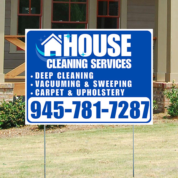 Cleaners/Maids Signs - House Cleaning Services - Deep Cleaning, Vacuuming & Sweeping, Carpet & Upholstery - Plain White Blue Design - YardSigns.com