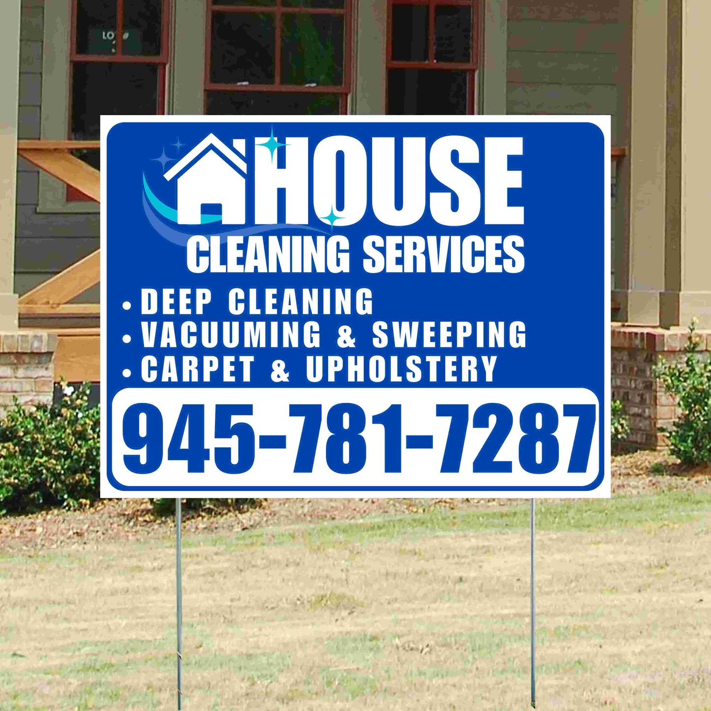 Cleaners/Maids Signs - House Cleaning Services - Deep Cleaning, Vacuuming & Sweeping, Carpet & Upholstery - Plain Blue White Design YardSigns.com