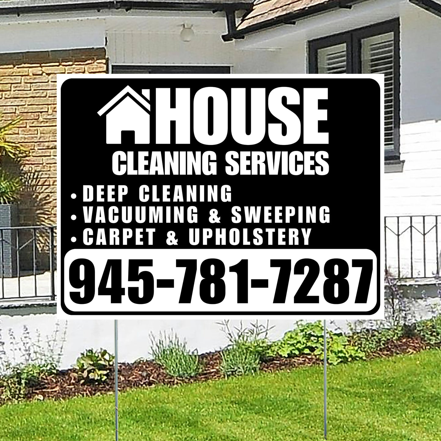 Cleaners/Maids Signs - House Cleaning Services - Deep Cleaning, Vacuuming & Sweeping, Carpet & Upholstery - Plain White Black Design YardSigns.com