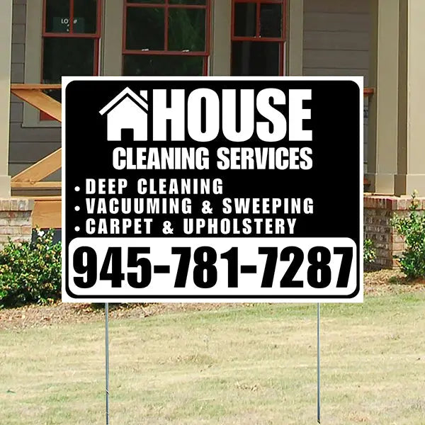 Cleaners/Maids Signs - House Cleaning Services - Deep Cleaning, Vacuuming & Sweeping, Carpet & Upholstery - Plain White Black Design YardSigns.com