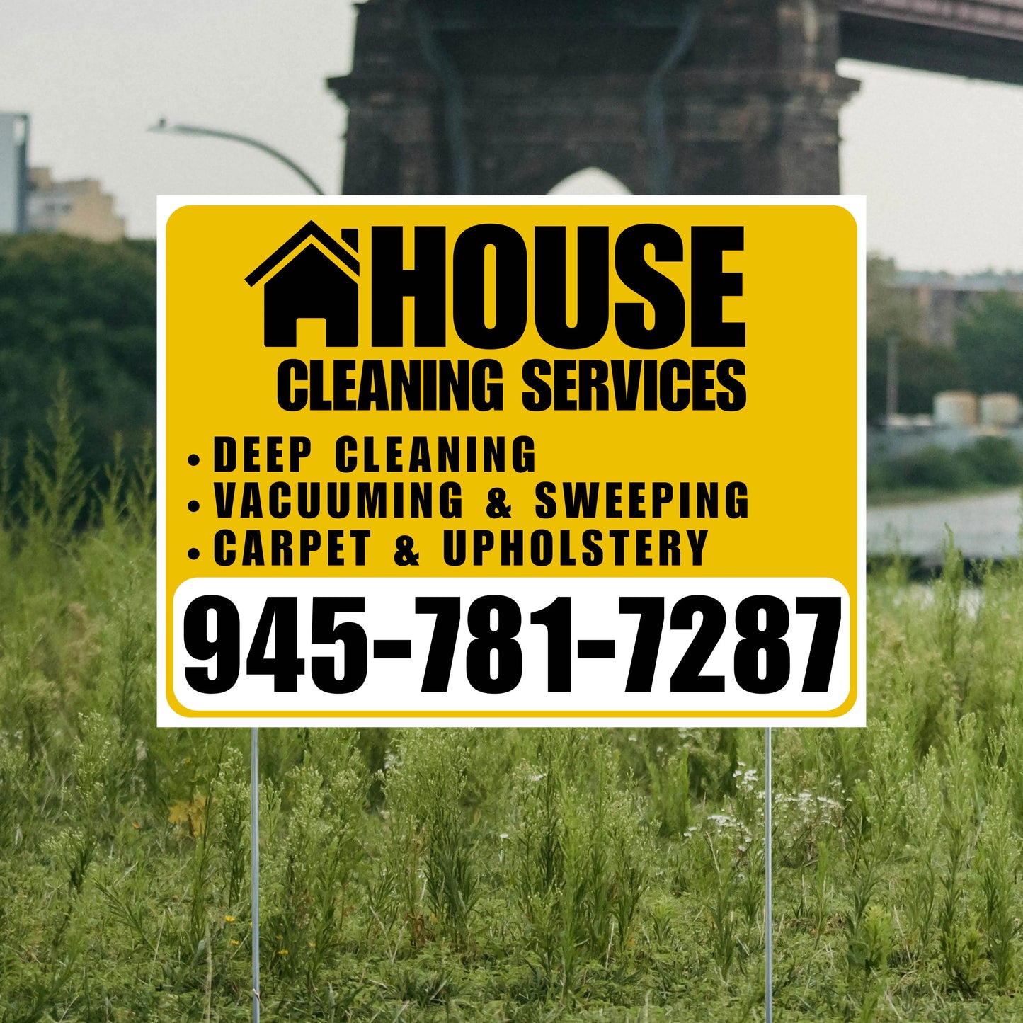 Cleaners/Maids Signs - House Cleaning Services - Deep Cleaning, Vacuuming & Sweeping, Carpet & Upholstery - Plain White Mustard Gold Design YardSigns.com