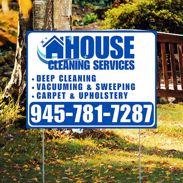 Cleaners/Maids Signs - House Cleaning Services - Deep Cleaning, Vacuuming & Sweeping, Carpet & Upholstery - Plain Blue White Design - YardSigns.com