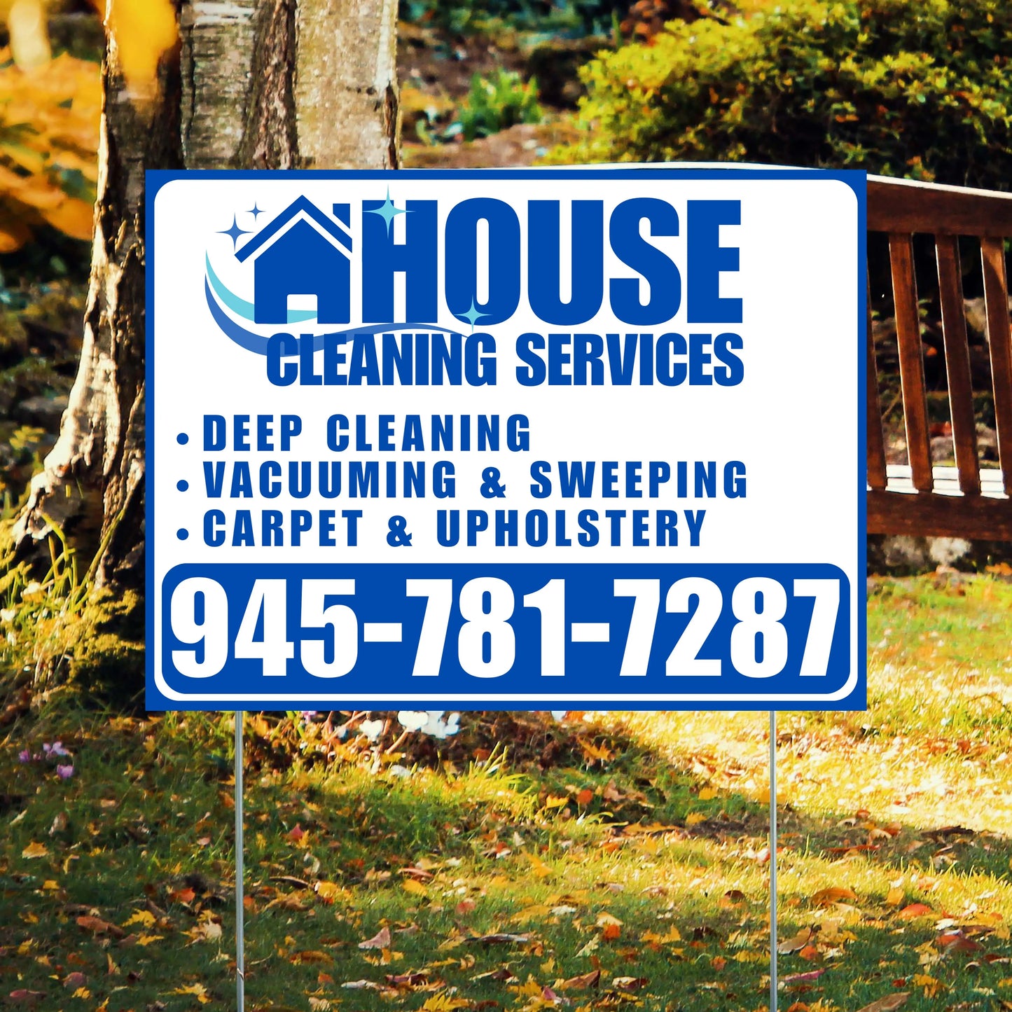 Cleaners/Maids Signs - House Cleaning Services - Deep Cleaning, Vacuuming & Sweeping, Carpet & Upholstery - Plain White Blue Design YardSigns.com