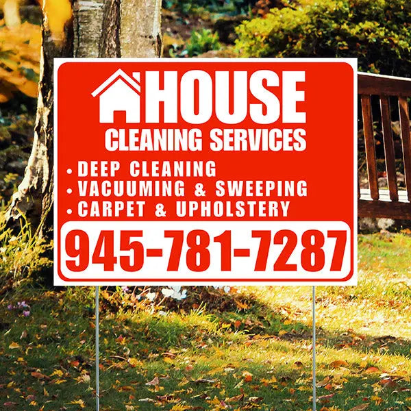 Cleaners/Maids Signs - House Cleaning Services - Deep Cleaning, Vacuuming & Sweeping, Carpet & Upholstery - Plain White Chili Red Design YardSigns.com