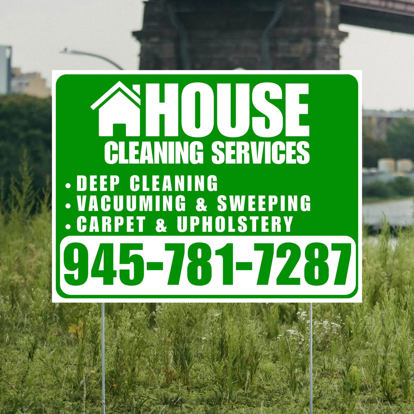 Cleaners/Maids Signs - House Cleaning Services - Deep Cleaning, Vacuuming & Sweeping, Carpet & Upholstery - Plain Green White Design YardSigns.com