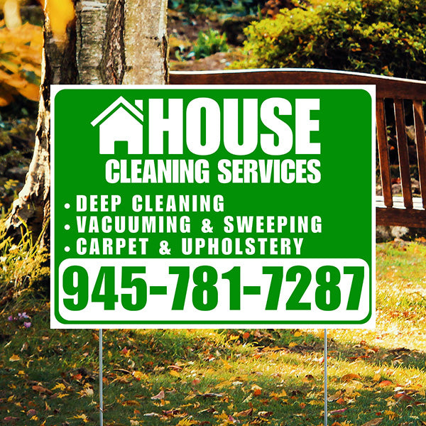 Cleaners/Maids Signs - House Cleaning Services - Deep Cleaning, Vacuuming & Sweeping, Carpet & Upholstery - Plain White Green Design - YardSigns.com