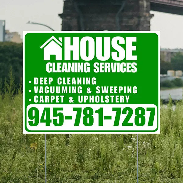 Cleaners/Maids Signs - House Cleaning Services - Deep Cleaning, Vacuuming & Sweeping, Carpet & Upholstery - Plain Green White Design YardSigns.com