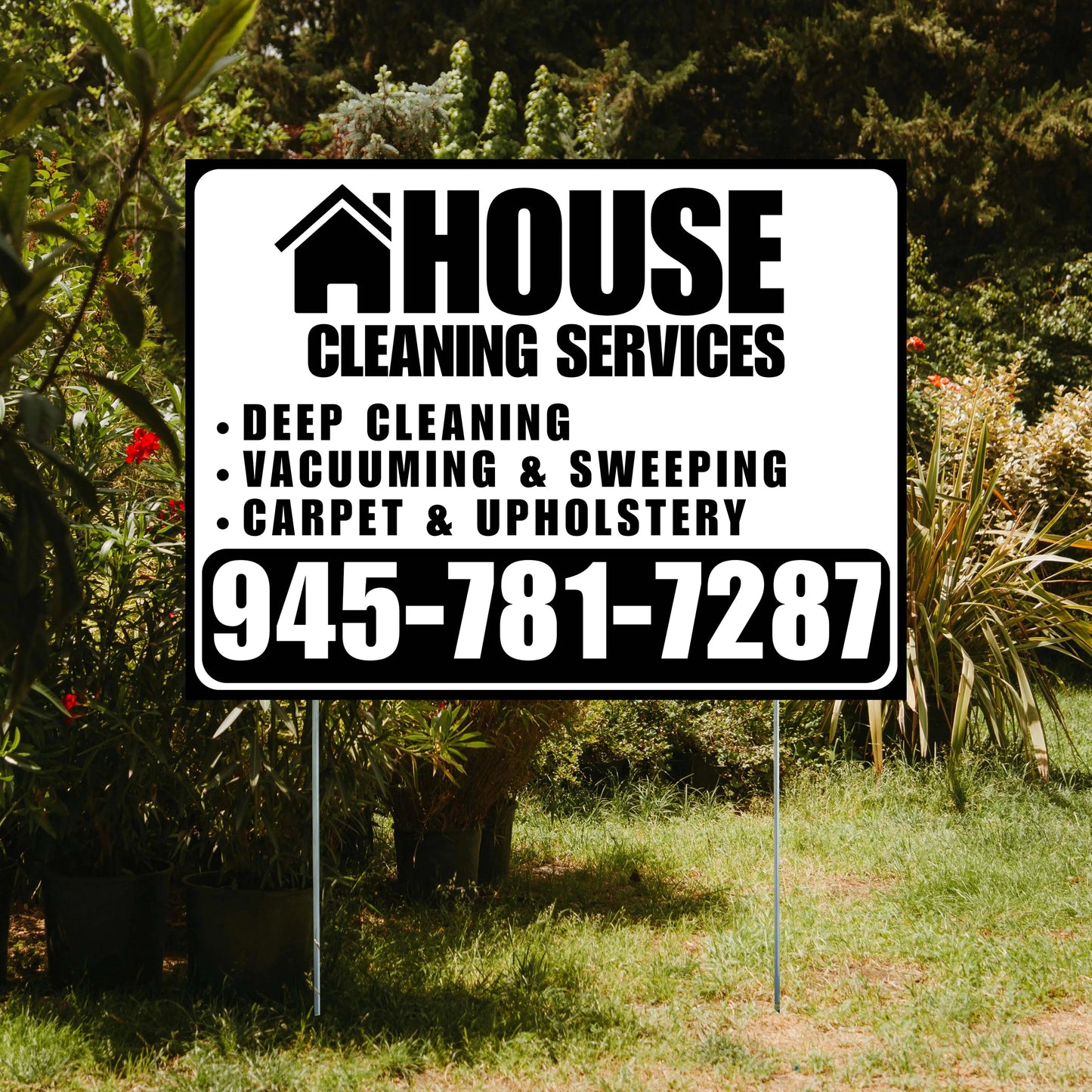 Cleaners/Maids Signs - House Cleaning Services - Deep Cleaning, Vacuuming & Sweeping, Carpet & Upholstery - Plain Black White Design YardSigns.com