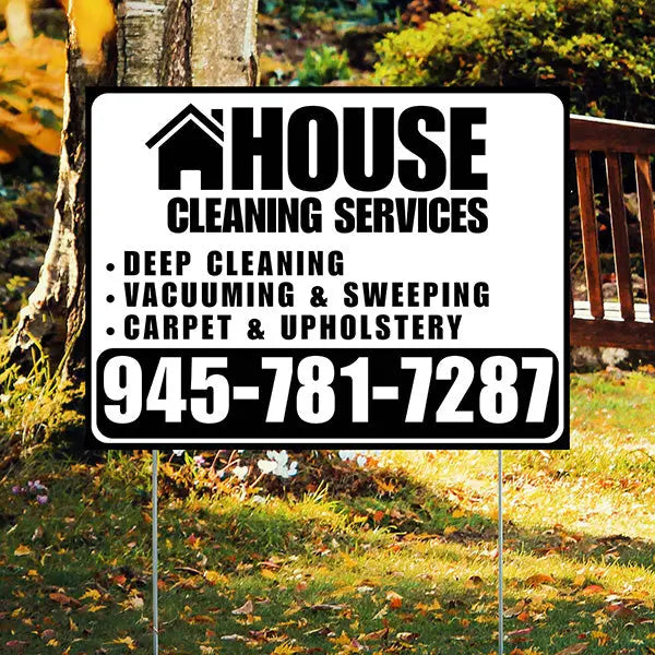 Cleaners/Maids Signs - House Cleaning Services - Deep Cleaning, Vacuuming & Sweeping, Carpet & Upholstery - Plain Black White Design YardSigns.com