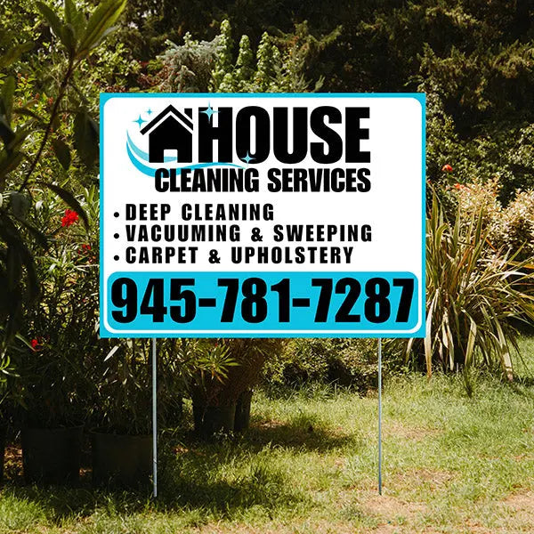 Cleaners/Maids Signs - House Cleaning Services - Deep Cleaning, Vacuuming & Sweeping, Carpet & Upholstery - Plain Aqua Blue White Design YardSigns.com