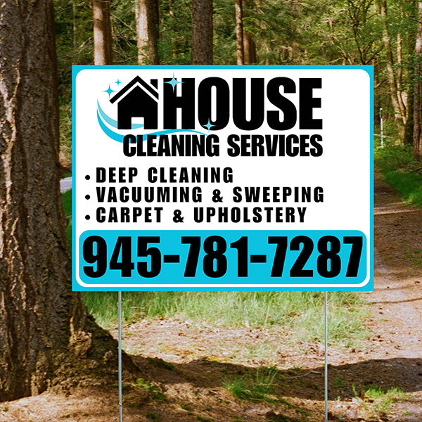 Cleaners/Maids Signs - House Cleaning Services - Deep Cleaning, Vacuuming & Sweeping, Carpet & Upholstery - Plain Aqua Blue White Design - YardSigns.com