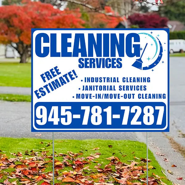 Cleaners/Maids Signs - Cleaning Services - Industrial Cleaning, Janitorial Services, Move-In/Move-Out Cleaning with Free Estimate - Plain Blue White Design YardSigns.com